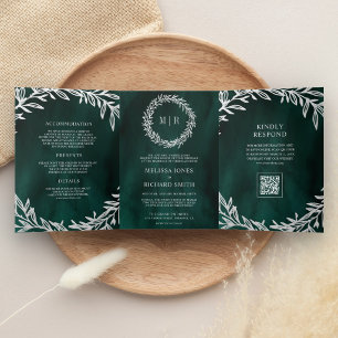 Emerald Green Silver Leaf Branch QR Code Wedding Tri-Fold Invitation