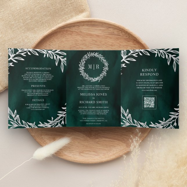 Emerald Green Silver Leaf Branch QR Code Wedding Tri-Fold Invitation (Creator Uploaded)