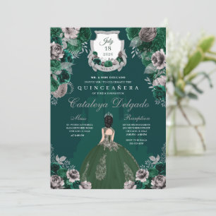 Emerald Green & Silver Princess Castle Quinceañera Invitation