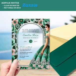 Emerald Green Silver Quince Dress Flowers Tiara Acrylic Invitations