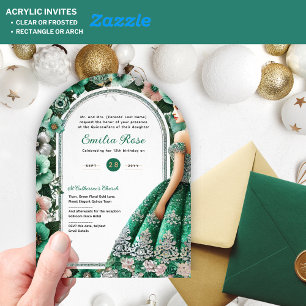 Emerald Green Silver Quince Dress Flowers Tiara Acrylic Invitations