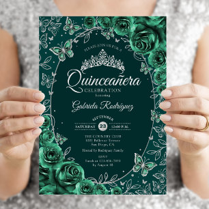 Emerald Green Silver Quinceanera Invitation