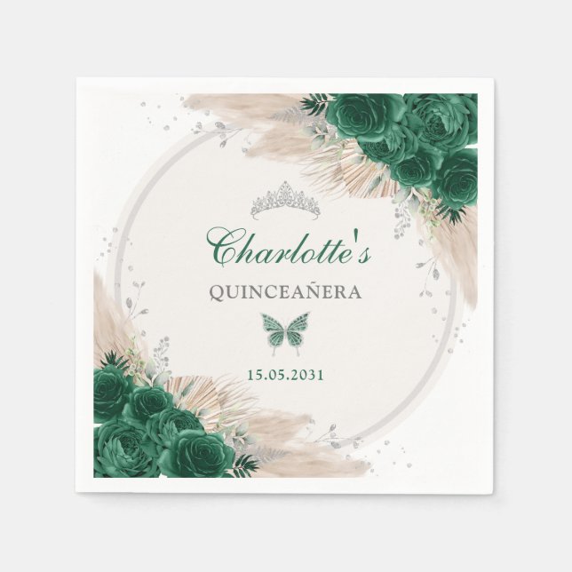 Emerald Green Silver Quinceanera Miss Quince 15 Napkin (Front)