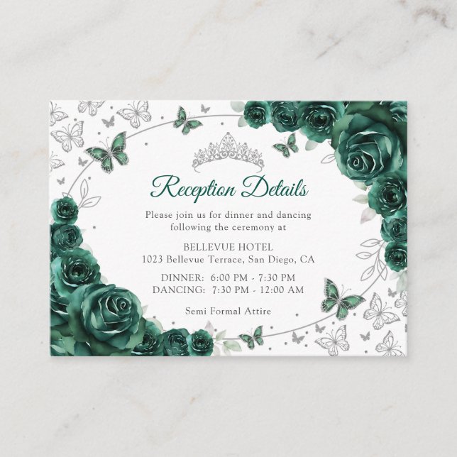 Emerald Green Silver Quinceanera Reception Details Enclosure Card (Front)