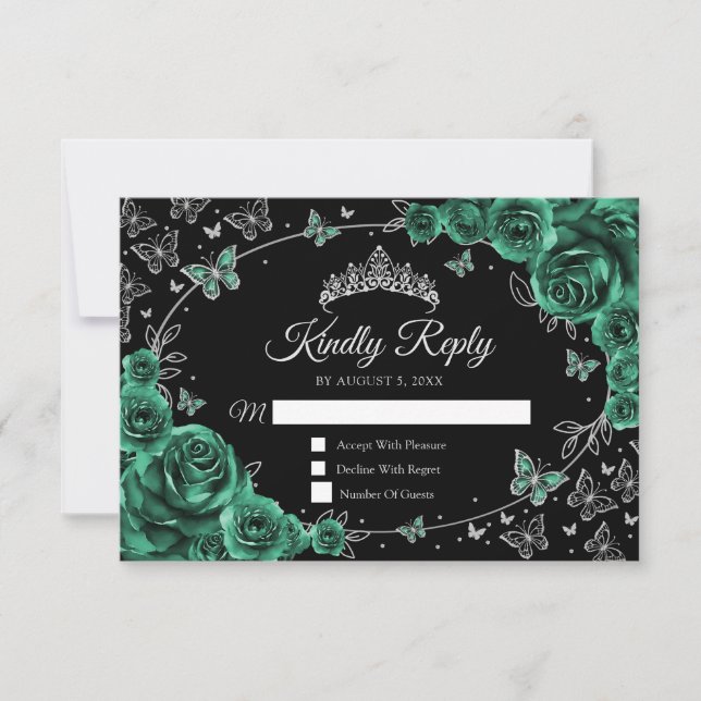 Emerald Green Silver Quinceanera Reply RSVP Card (Front)