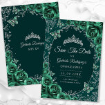 Emerald Green Silver Quinceanera Save The Date<br><div class="desc">Emerald green and silver Quinceanera celebration Save The Date card. Features,  script font,  butterflies,  watercolor roses and tiara. Perfect for an elegant princess style glam celebration. Personalise with your own details. Printed Zazzle invitations or instant download digital printable template.</div>