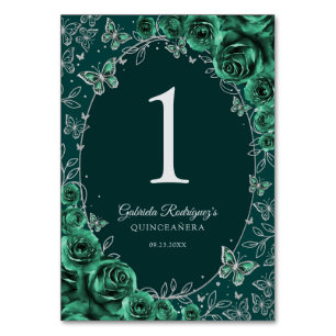 Emerald Green Silver Quinceanera Table Number