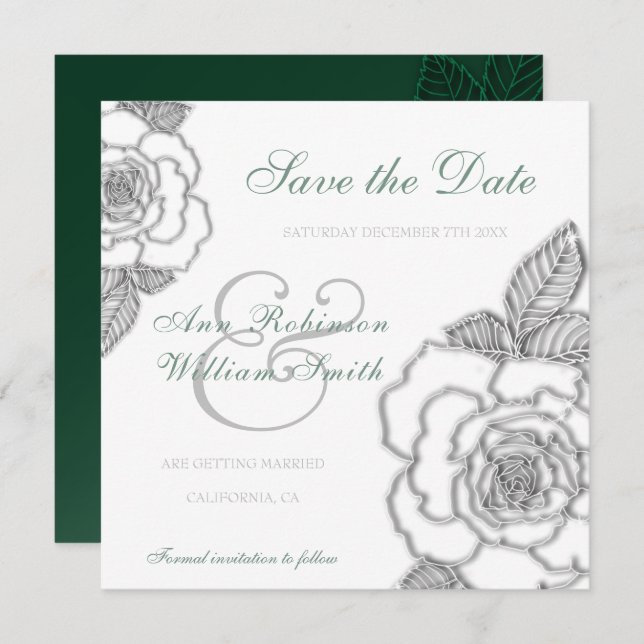 Emerald green silver rose rustic Wedding  Save The Date (Front/Back)