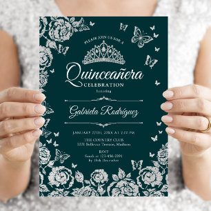 Emerald Green Silver Roses Butterflies Quinceanera Invitation