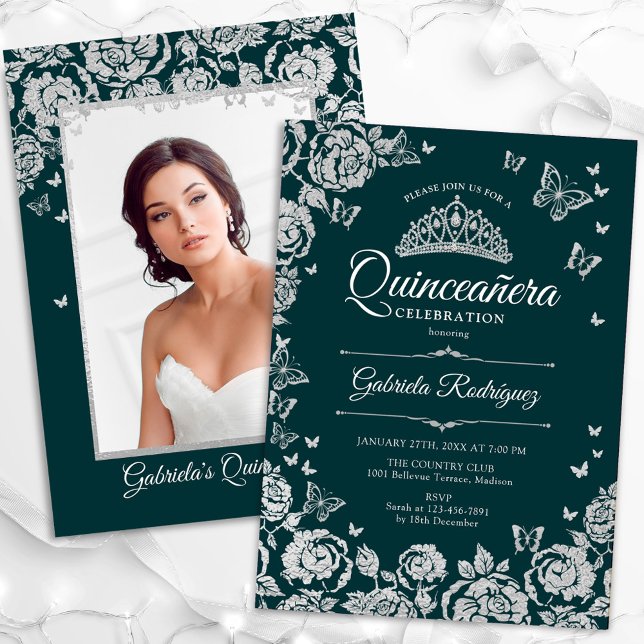 Emerald Green Silver Roses Quinceanera Photo Invitation (Creator Uploaded)