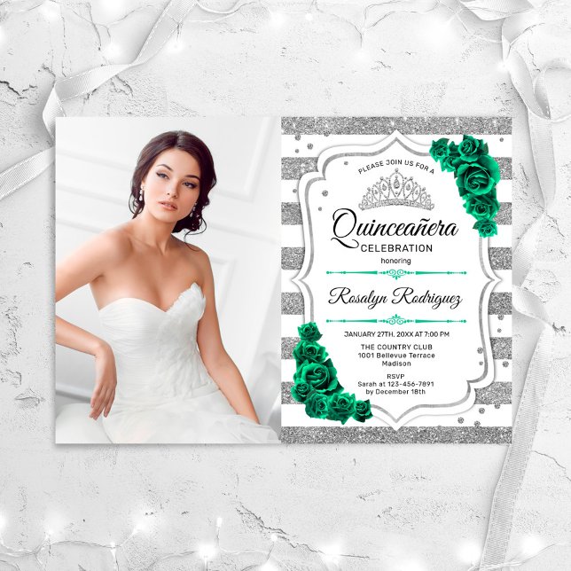 Emerald Green Silver White Photo Quinceanera Invitation (Creator Uploaded)