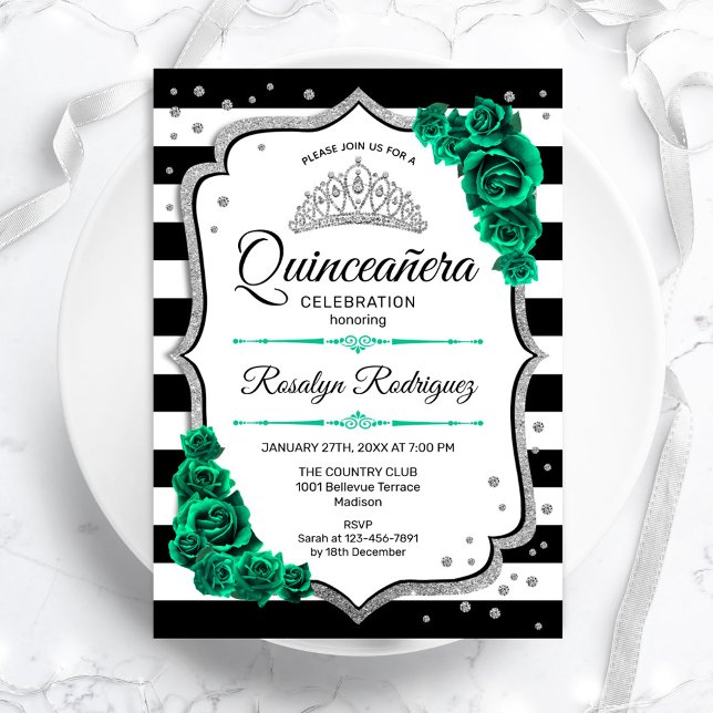 Emerald Green Silver White Quinceanera Invitation (Creator Uploaded)