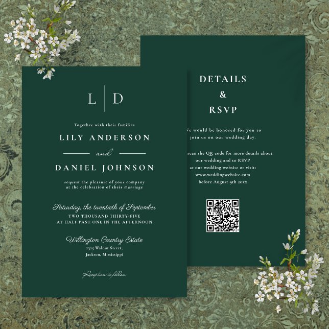 Emerald Green Simple Monogram QR Code Wedding Invitation (Emerald Green Simple Monogram QR Code Wedding Invitation)
