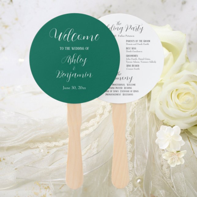 Emerald Green Simple Wedding Ceremony Program Hand Fan (In Situ Wedding)