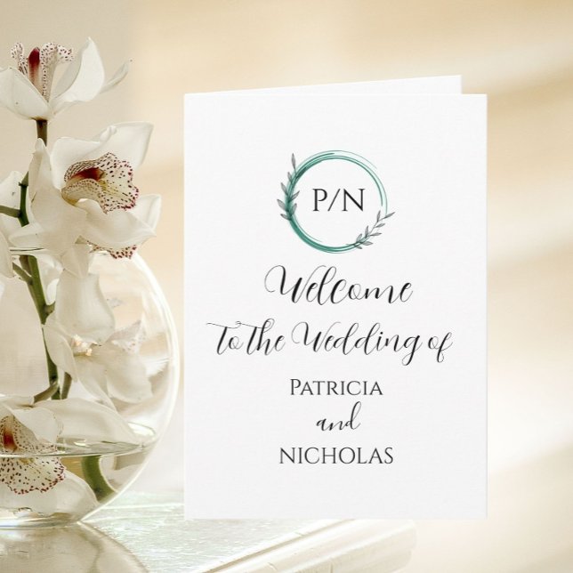 Emerald Green Simple Wreath & Initials Wedding Program (In Situ)