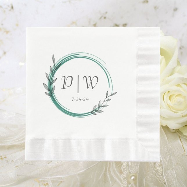 Emerald Green Simple Wreath Monogram Wedding Napkin (In Situ Wedding)
