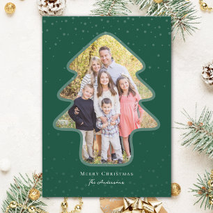 Emerald Green Snowy Christmas Tree Shaped Photo Holiday Card