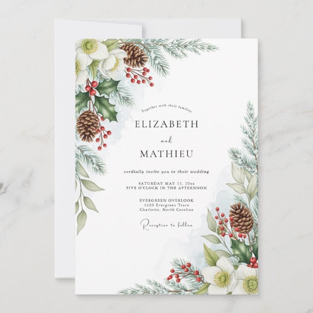 Emerald Green Snowy Winter Wedding Invitation (Front)