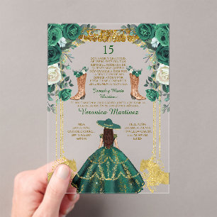Emerald Green Spanish Boots Gold 15 Años Birthday Acrylic Invitations