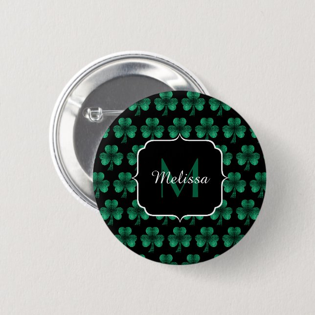 Emerald Green Sparkle Shamrock black Monogram 6 Cm Round Badge (Front & Back)