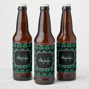 Emerald Green Sparkle Shamrock black Monogram Beer Bottle Label