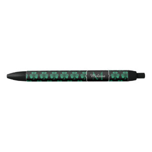 Emerald Green Sparkle Shamrock black Monogram Black Ink Pen