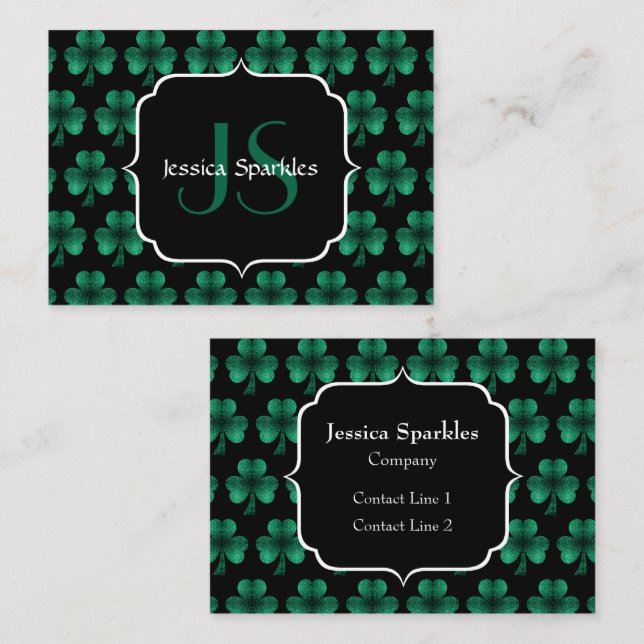 Emerald Green Sparkle Shamrock black Monogram Business Card (Front/Back)