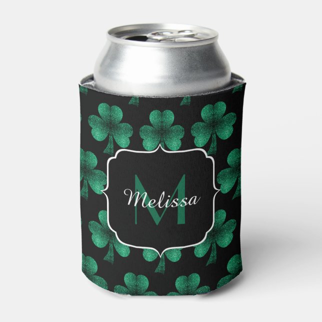 Emerald Green Sparkle Shamrock black Monogram Can Cooler (Can Front)