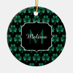 Emerald Green Sparkle Shamrock black Monogram Ceramic Ornament