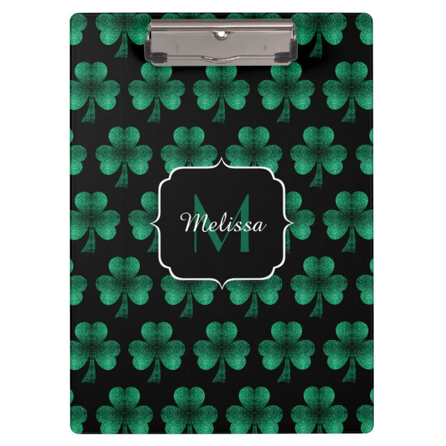 Emerald Green Sparkle Shamrock black Monogram Clipboard (Front)