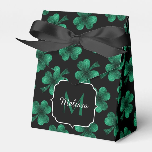 Emerald Green Sparkle Shamrock black Monogram Favour Box (Front Side)