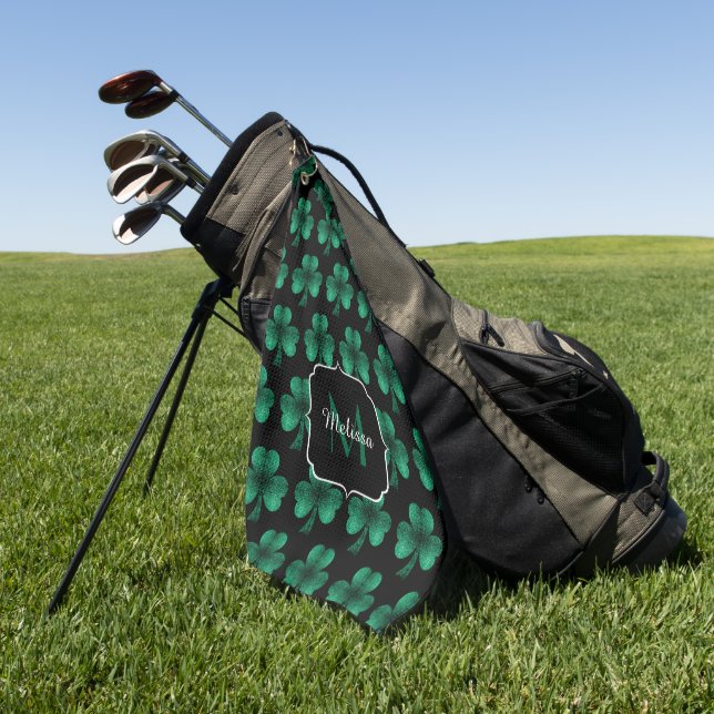 Emerald Green Sparkle Shamrock black Monogram Golf Towel (Green)
