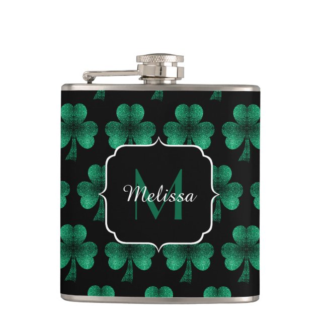 Emerald Green Sparkle Shamrock black Monogram Hip Flask (Front)