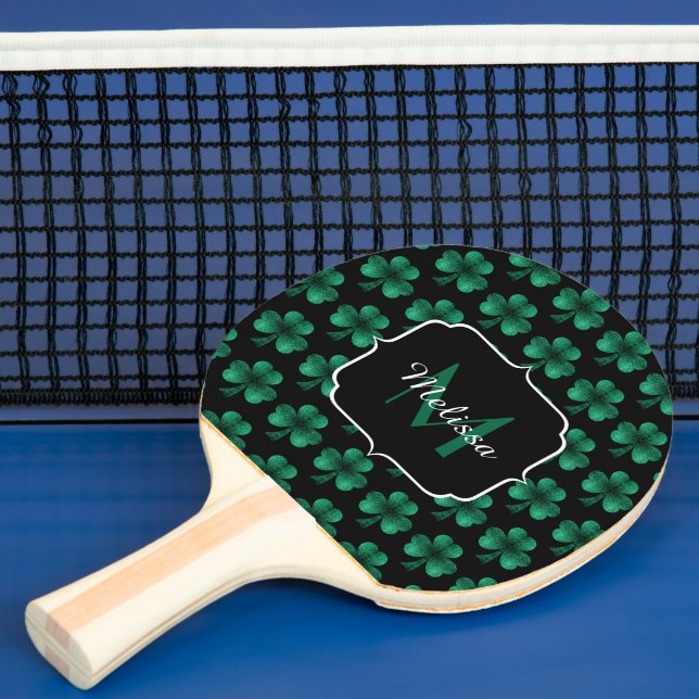 Emerald Green Sparkle Shamrock black Monogram Ping Pong Paddle (Insitu)
