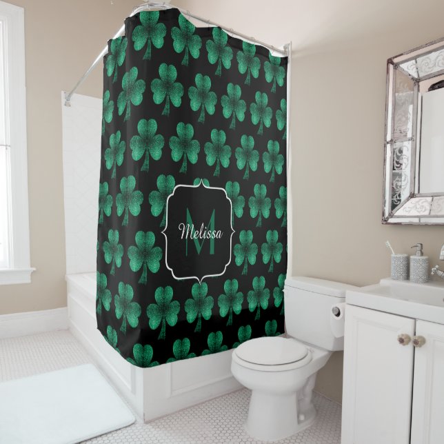 Emerald Green Sparkle Shamrock black Monogram Shower Curtain (In Situ)