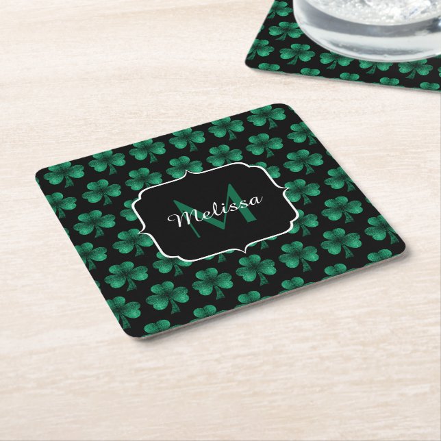Emerald Green Sparkle Shamrock black Monogram Square Paper Coaster (Angled)