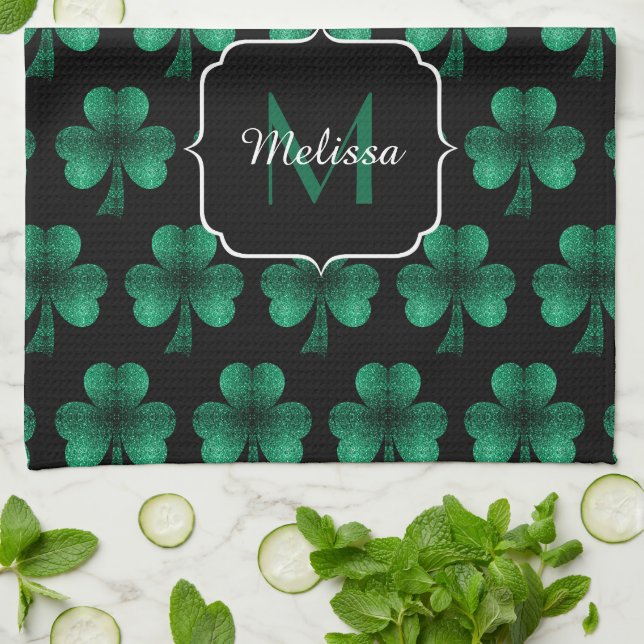 Emerald Green Sparkle Shamrock black Monogram Tea Towel (Folded)