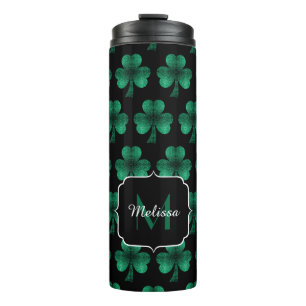 Emerald Green Sparkle Shamrock black Monogram Thermal Tumbler