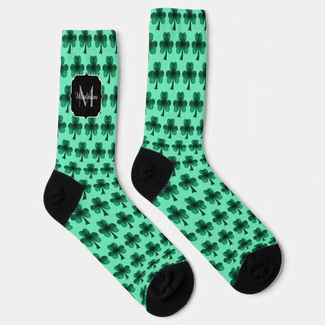 Emerald Green Sparkle Shamrock Monogram Socks (Right)