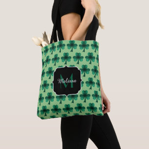 Emerald Green Sparkle Shamrock St Patrick Monogram Tote Bag
