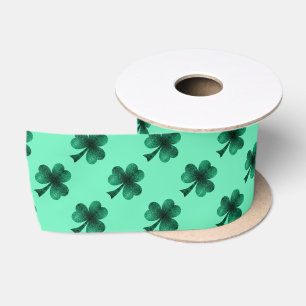 Emerald Green Sparkles Shamrock Clover pattern Satin Ribbon