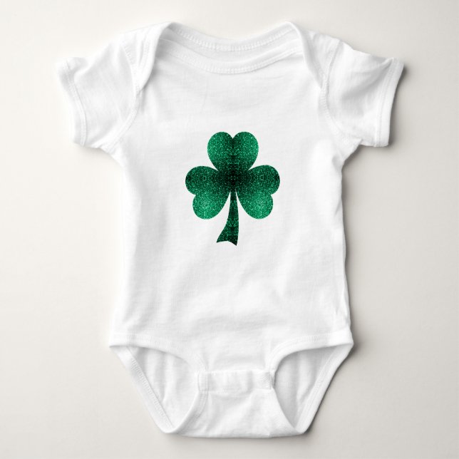 Emerald Green Sparkles Shamrock Clover St Pat Day Baby Bodysuit (Front)