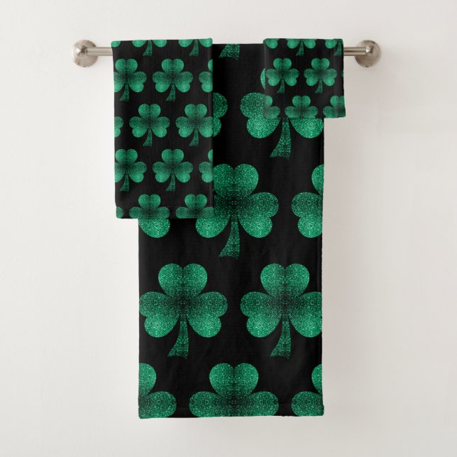 Emerald Green Sparkles Shamrock pattern black Bath Towel Set (Insitu)