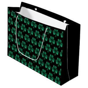 Emerald Green Sparkles Shamrock pattern black Large Gift Bag
