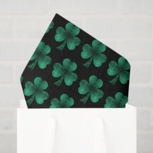Emerald Green Sparkles Shamrock pattern black Tissue Paper