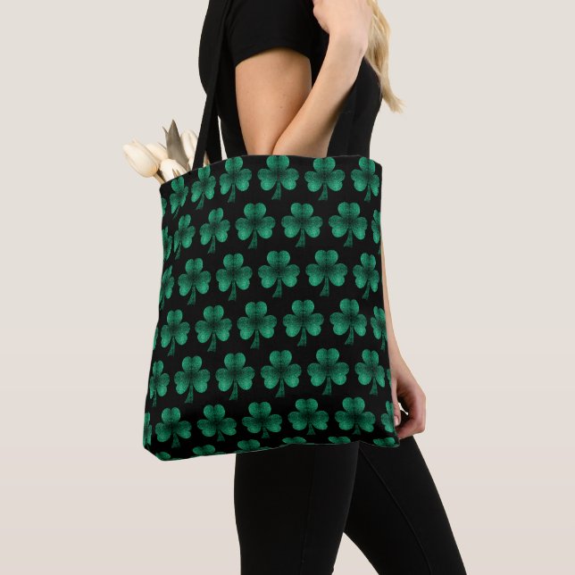 Emerald Green Sparkles Shamrock pattern black Tote Bag (Close Up)