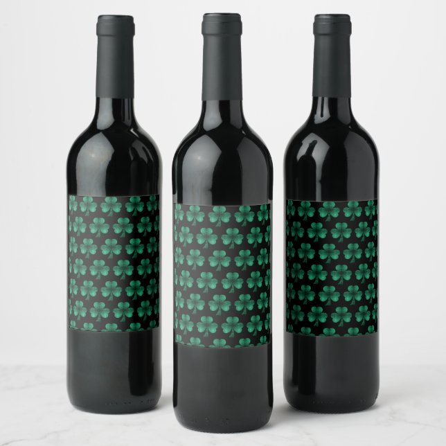 Emerald Green Sparkles Shamrock pattern black Wine Label (Bottles)