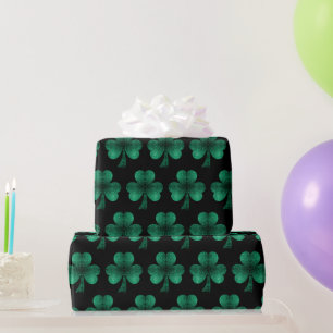 Emerald Green Sparkles Shamrock pattern black Wrapping Paper