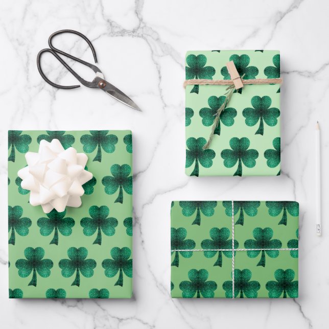 Emerald Green Sparkles Shamrock pattern Wrapping Paper Sheet (Front)