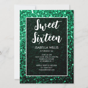 Emerald green sparkles Sweet 16 elegant script Invitation